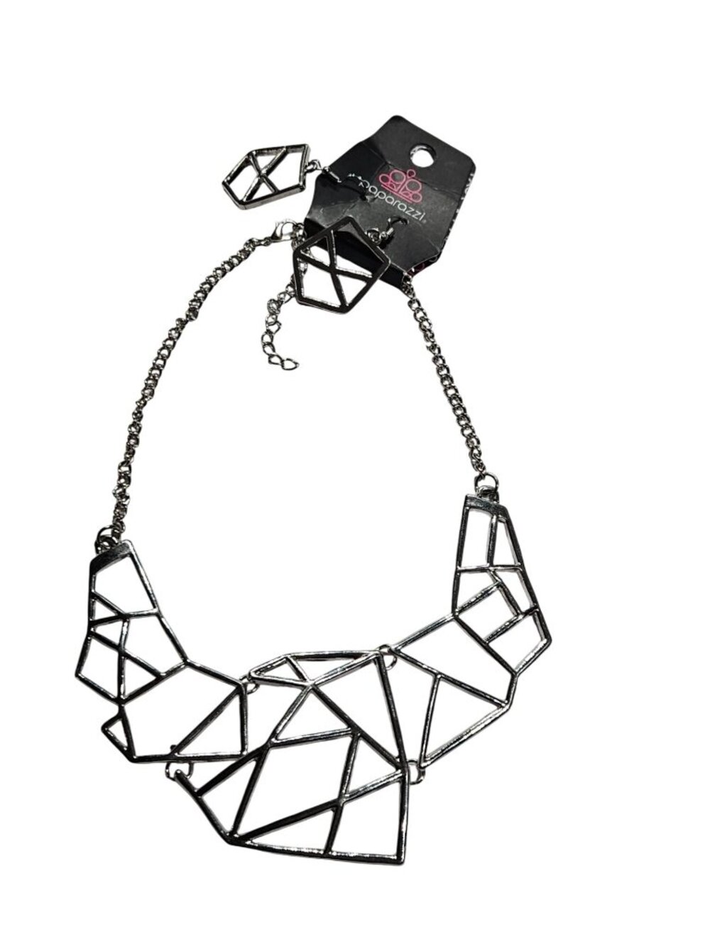 Paparazzi Geometric Silvertone Bib Necklace & Earrings Set New 12-15 inches
